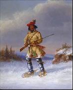 Indian Trapper with Red Feathered Cap in Winter